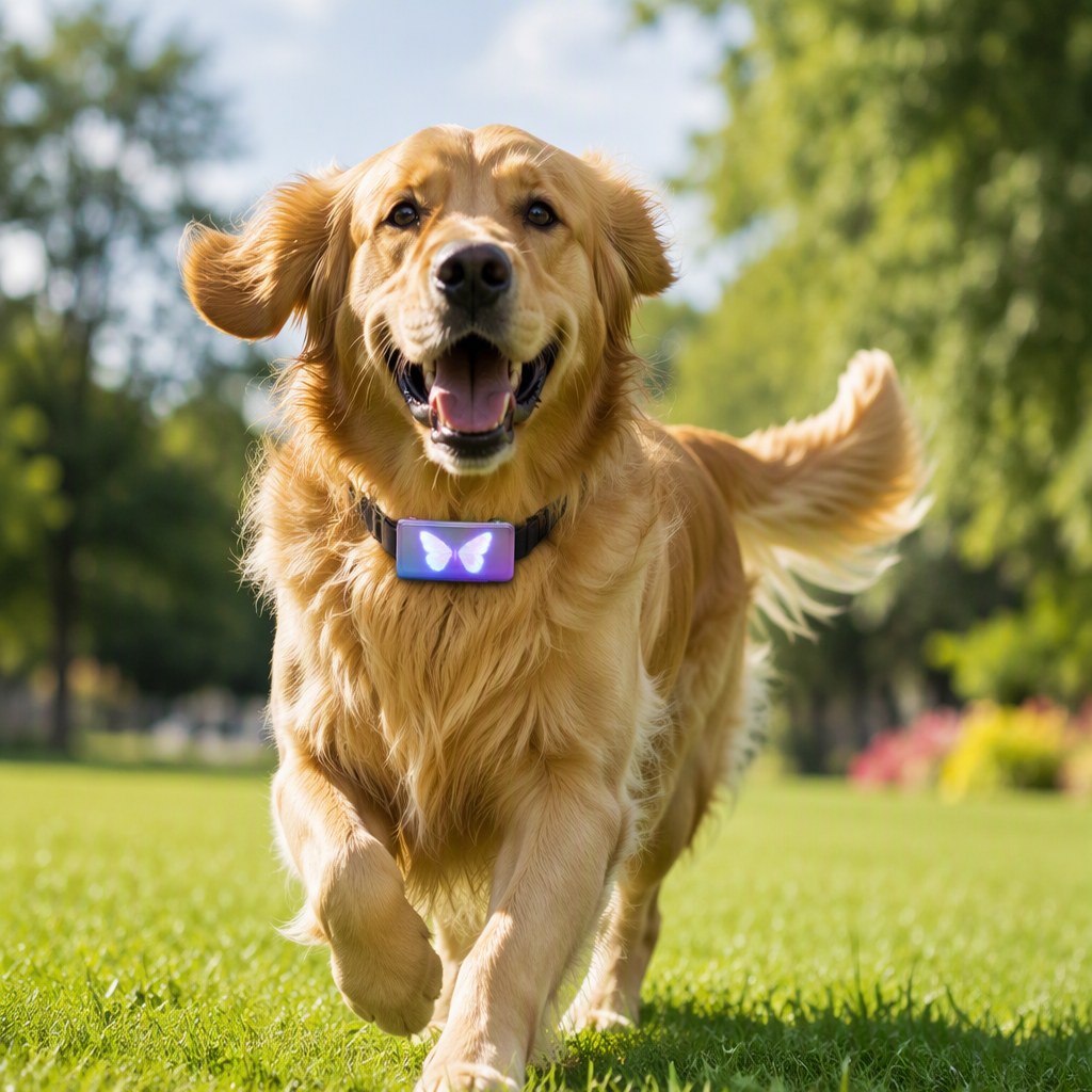 PET100 GPS tracker on golden retriever — park